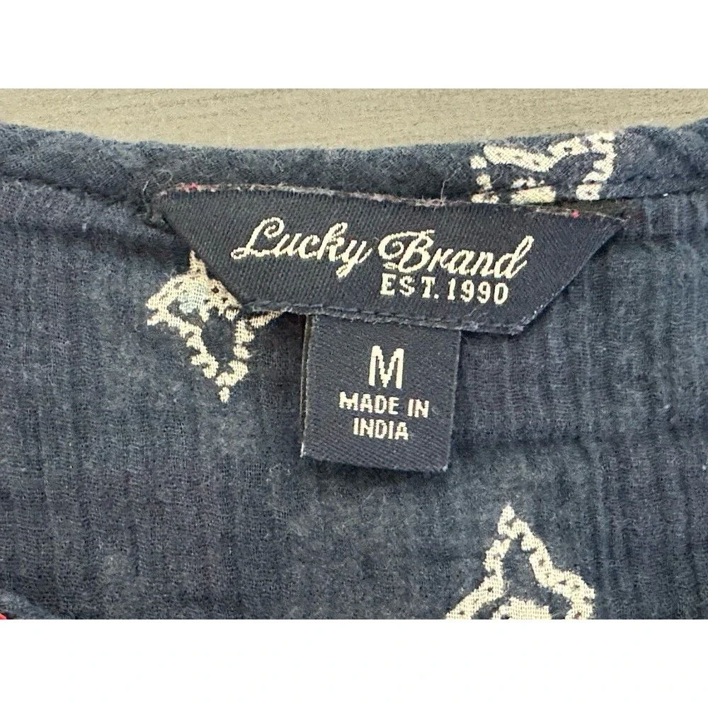 Lucky Brand Tank Top M Sleeveless Navy Embroidered Boho Festival Peasant Shirt - Picture 5 of 7